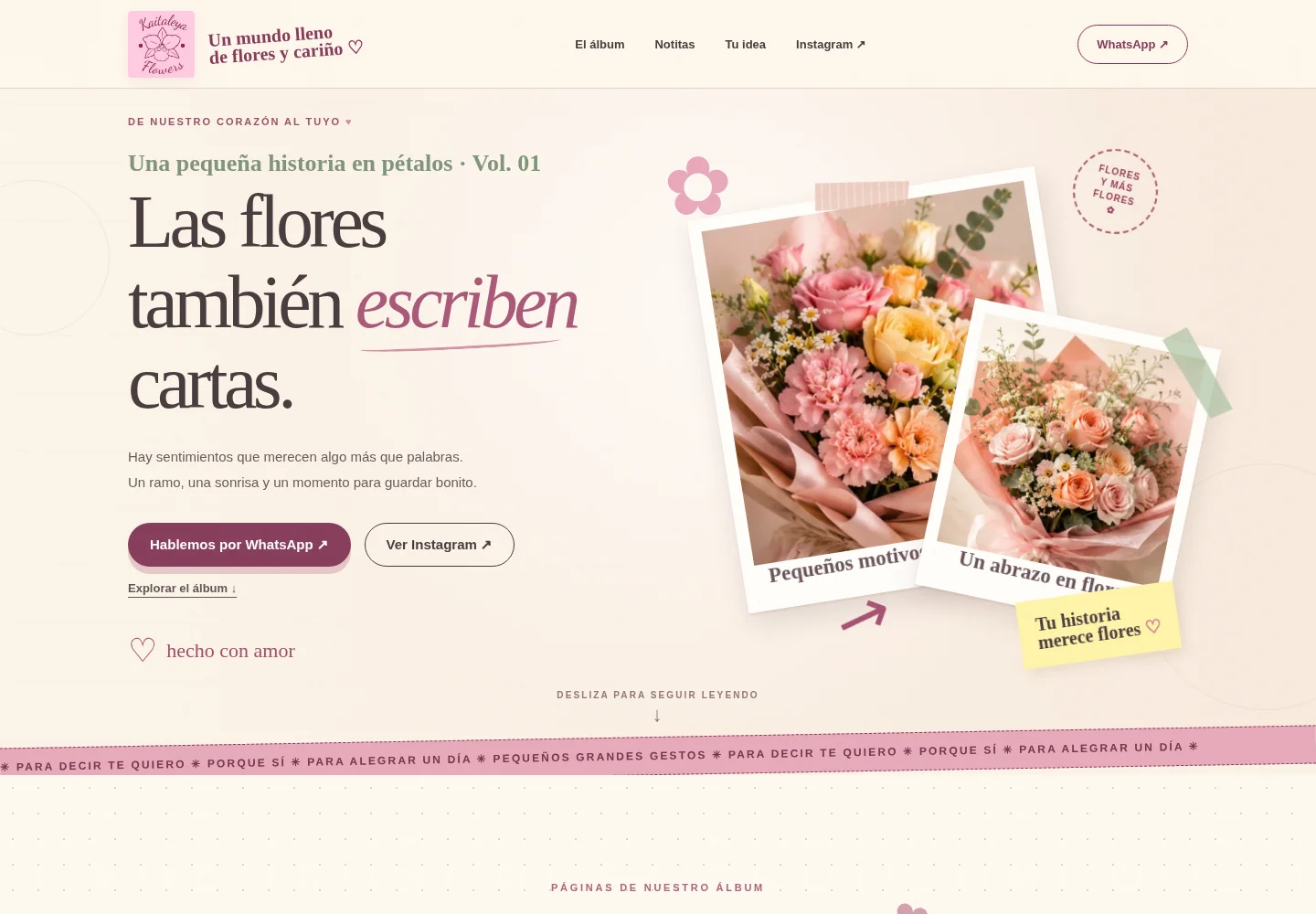 Captura real de la landing Cartas entre Flores