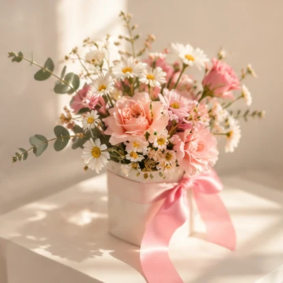 Ramo delicado de margaritas y rosas sobre papel