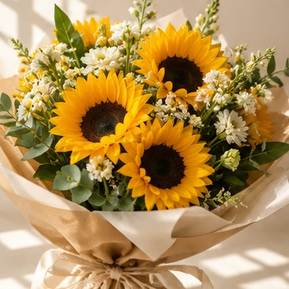 Ramo de girasoles con follaje y flores blancas