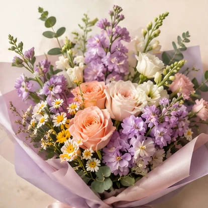 Ramo pastel con rosas durazno, pequeñas margaritas y flores lilas